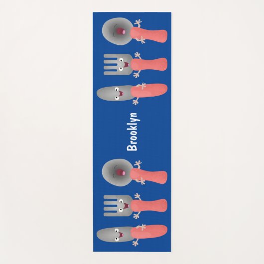 かわいいナイフのフォークとスプーン刃物の漫画 ヨガマット (正面)