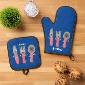 かわいいナイフのフォークとスプーン刃物の漫画 鍋つかみ&鍋敷きセット (トップダウン)