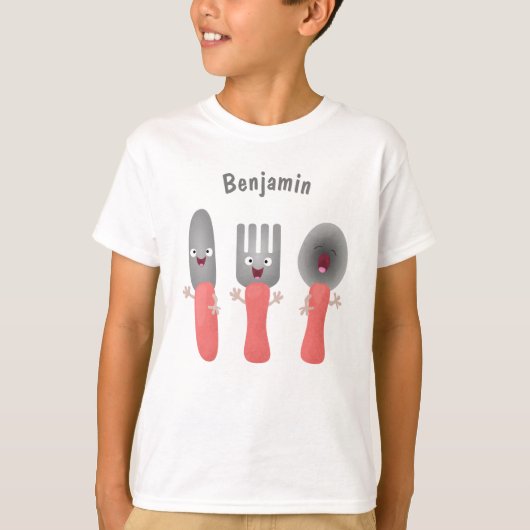 かわいいナイフ フォーク スプーンの食器の漫画 Tシャツ (正面)