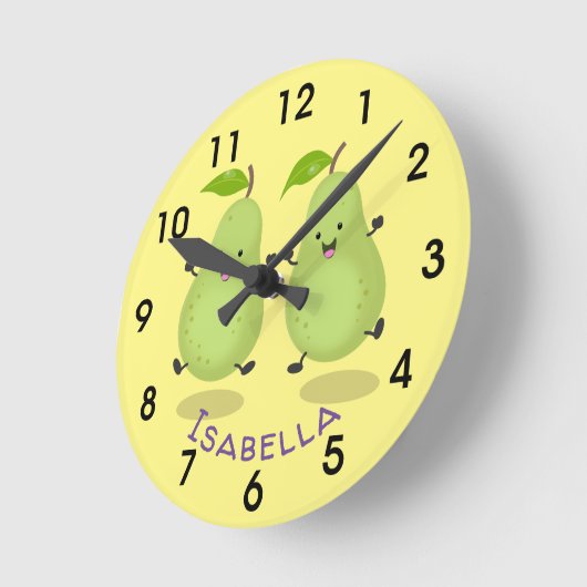 かわいいナシのペア漫画イラストレーション ラウンド壁時計 (傾斜)