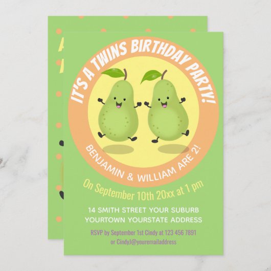 かわいいナシの双子の漫画イラストレーション 招待状 (正面/裏面)