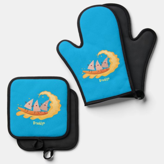 かわいいナチョスコーンチップスサーフィン漫画 鍋つかみ&鍋敷きセット (正面/裏面)