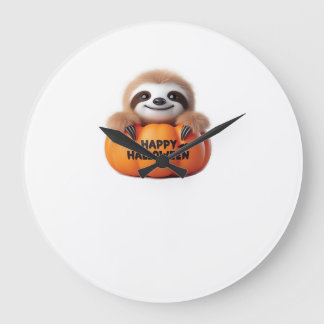 かわいいナマケモノがカボチャに座っている。Happy Hallowと表示 ラージ壁時計