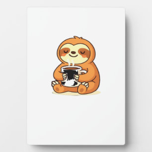 かわいいナマケモノがホットコーヒーでリラックス 高品質Tシャツ フォトプラーク