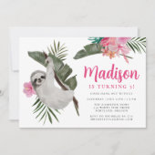 かわいいナマケモノとハイビスカスフラワーズジャングル誕生日 招待状 (正面)