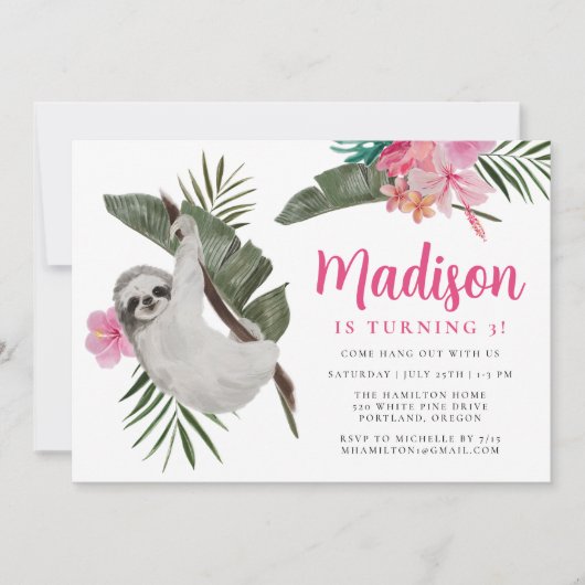 かわいいナマケモノとハイビスカスフラワーズジャングル誕生日 招待状 (正面)