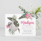 かわいいナマケモノとハイビスカスフラワーズジャングル誕生日 招待状 (スタンド正面)