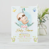 かわいいナマケモノと鳥の女の子のベビーシャワー 招待状 (スタンド正面)