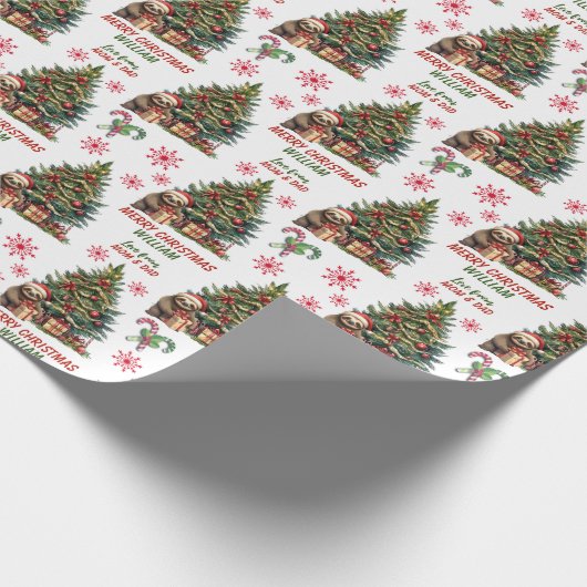 かわいいナマケモノのクリスマスツリーキッズ ラッピングペーパー (角)