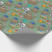かわいいナマケモノのグリーンパターン ベビーシャワー 誕生日 ラッピングペーパー (角)