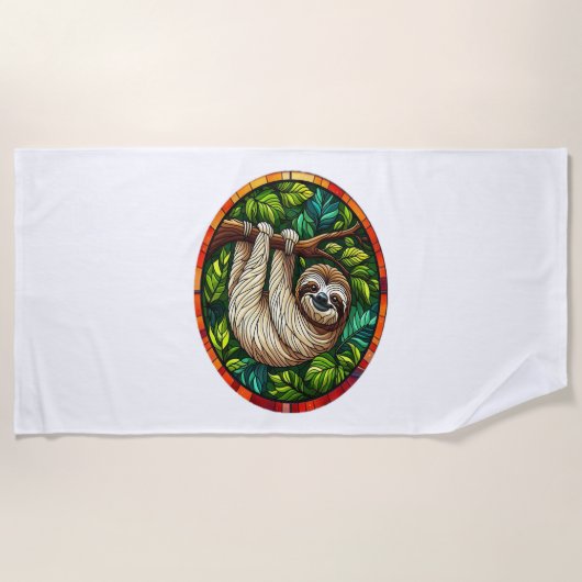 かわいいナマケモノのステンドグラスオーナメント ビーチタオル (正面)