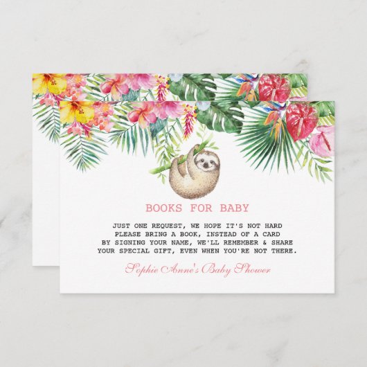 かわいいナマケモノのトロピカルフラワーブーケベイビーシャワー エンクロージャーカード (正面/裏面)