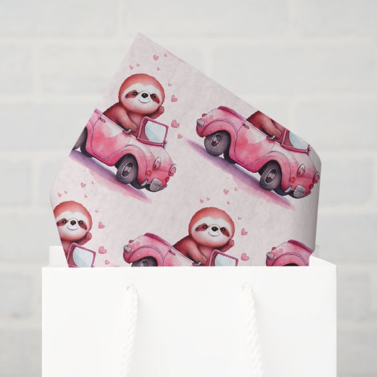 かわいいナマケモノのピンクのオープンカー パターン 薄葉紙 (ギフトバッグ)
