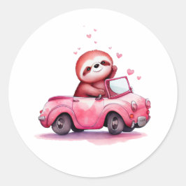 かわいいナマケモノのピンクのオープンカー ラウンドシール