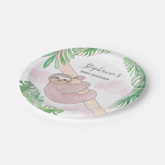 かわいいナマケモノのベビーガール赤ちゃんシャワー ペーパープレート (アングル)