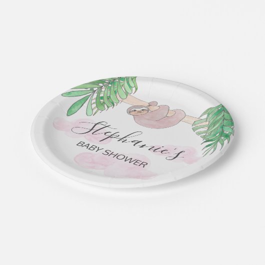 かわいいナマケモノのベビーガール赤ちゃんシャワー ペーパープレート (アングル)