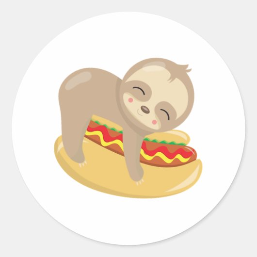 かわいいナマケモノのホットドッグ ラウンドシール (正面)