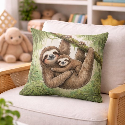 かわいいナマケモノのママと赤ちゃんのジャングル動物 クッション