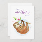 かわいいナマケモノのママと赤ちゃんのハッピーマザーズデーカード サンキューカード (正面/裏面)