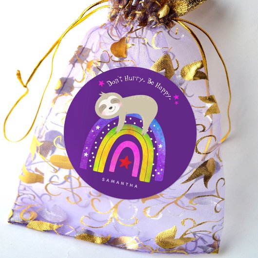 かわいいナマケモノのレインボインパープル急いでいない幸せ ラウンドシール