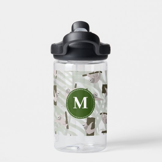 かわいいナマケモノの動物パターン野生の森のモノグラム ウォーターボトル (背面)