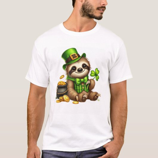 かわいいナマケモノの妖精 セントパトリックの日 男女兼用P Tシャツ (正面)