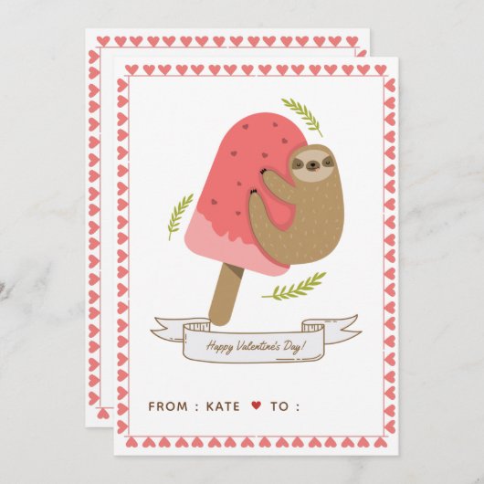 かわいいナマケモノの子ども学校の友人バレンタインデーピンク シーズンカード (正面/裏面)