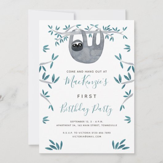 かわいいナマケモノの最初の誕生日パーティー 招待状 (正面)