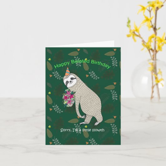 かわいいナマケモノの花おもしろい遅れ申し訳ない誕生日 カード (黄色い花)