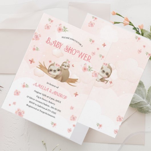 かわいいナマケモノの花ベビーシャワー水色Inv 招待状