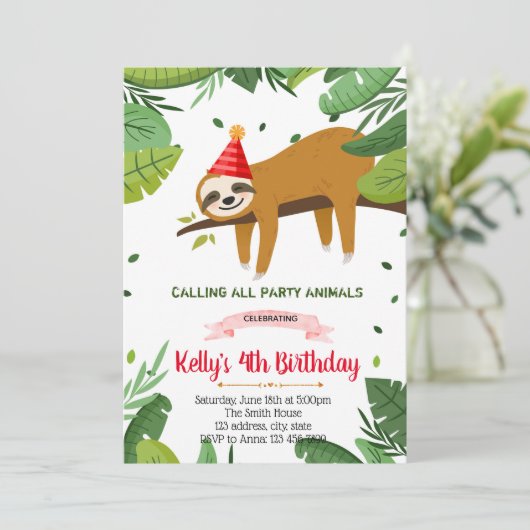 かわいいナマケモノの誕生日の招待状 招待状 (スタンド正面)