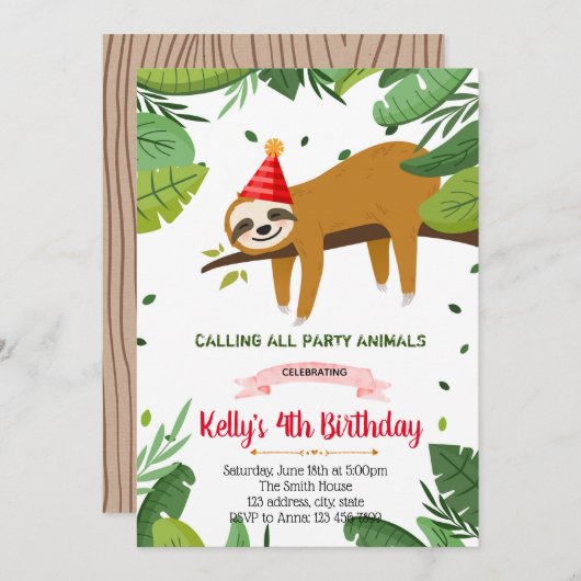 かわいいナマケモノの誕生日の招待状 招待状 (正面/裏面)