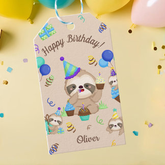 かわいいナマケモノの誕生日パーティー 青い風船とカップケーキ ギフトタグ