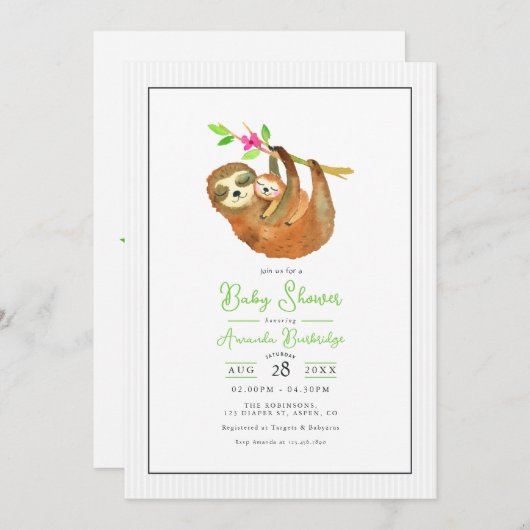 かわいいナマケモノをテーマにしたベビースシャワー 招待状 (正面/裏面)