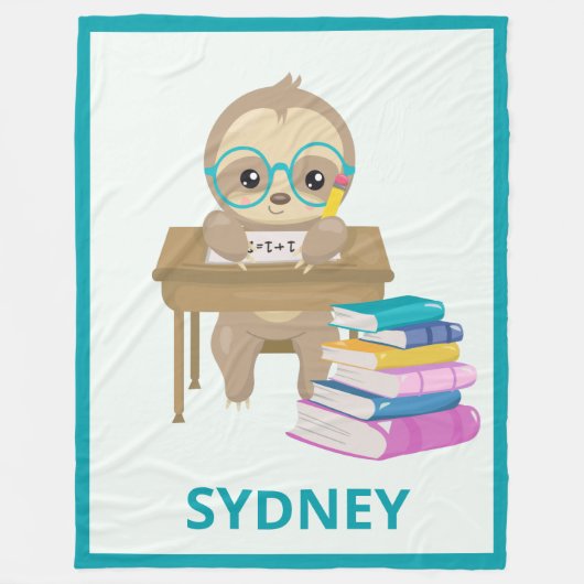 かわいいナマケモノパーソナライズされた学校 フリースブランケット (正面)