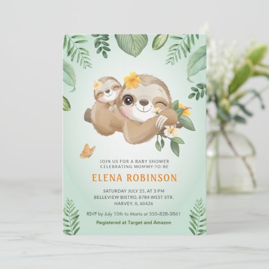 かわいいナマケモノベビーモンミートロピカルグリーンベビーシャワー 招待状 (スタンド正面)