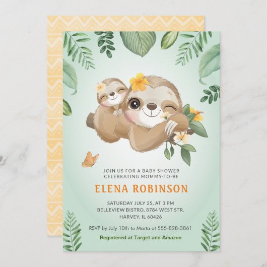 かわいいナマケモノベビーモンミートロピカルグリーンベビーシャワー 招待状 (正面/裏面)