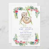 かわいいナマケモノ熱帯花フレームベビーシャワー 招待状 (正面/裏面)