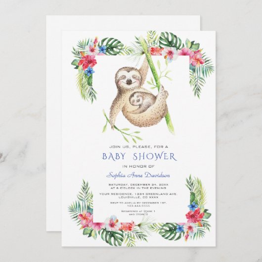 かわいいナマケモノ熱帯花フレームベビーシャワー 招待状 (正面/裏面)