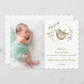 かわいいナマケモノ緑の金ゴールドベビーシャワー サンキューカード (正面/裏面)