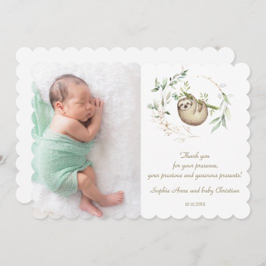 かわいいナマケモノ緑の金ゴールドベビーシャワー サンキューカード (正面/裏面)