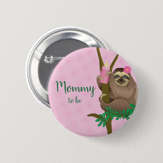 かわいいナマケモノ赤面ピンクママへベビーブシャワー 缶バッジ (正面&裏面)