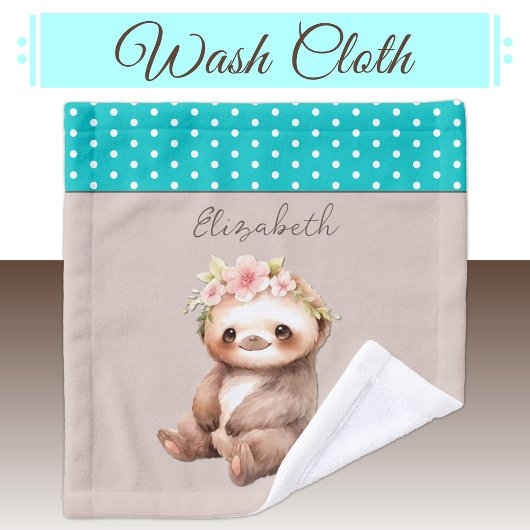 かわいいナマケモノ追加の名前水玉模様ターコイズ ウォッシュタオル