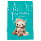 かわいいナマケモノ追加の名前水玉模様ターコイズ ミディアムペーパーバッグ (正面)