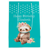 かわいいナマケモノ追加の名前水玉模様ターコイズ ミディアムペーパーバッグ (裏面)