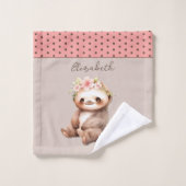かわいいナマケモノ追加の名前水玉模様ピンク ウォッシュタオル (ウォッシュタオル)