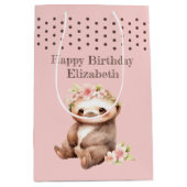 かわいいナマケモノ追加の名前水玉模様ピンク ミディアムペーパーバッグ (正面)