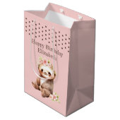 かわいいナマケモノ追加の名前水玉模様ピンク ミディアムペーパーバッグ (裏面アングル)