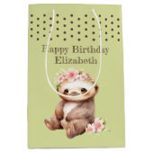 かわいいナマケモノ追加の名前水玉模様緑 ミディアムペーパーバッグ (正面)