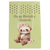 かわいいナマケモノ追加の名前水玉模様緑 ミディアムペーパーバッグ (裏面)